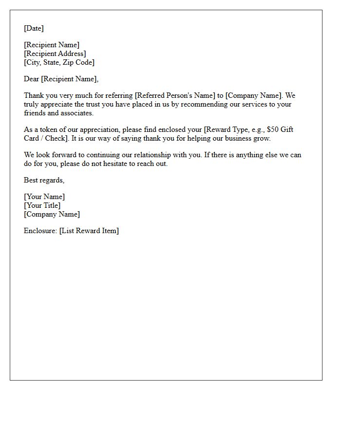 Referral Reward Enclosed Thank You Letter
