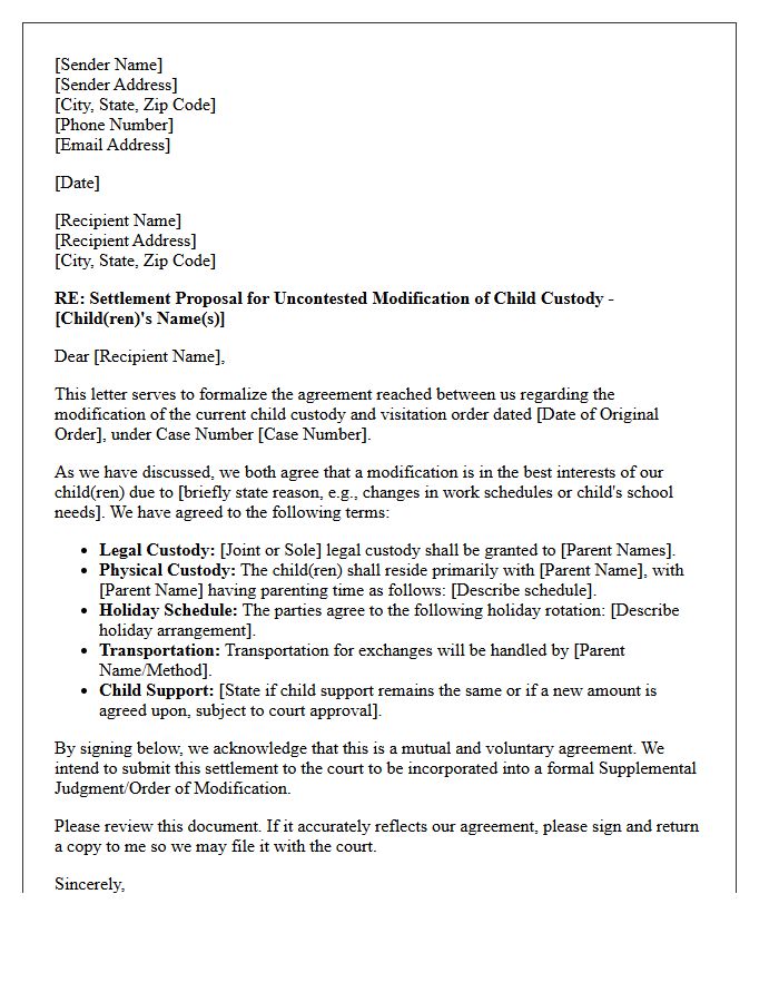 Uncontested Child Custody Modification Settlement Letter