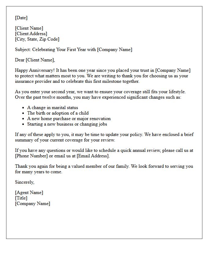 First Year Insurance Policy Anniversary Letter