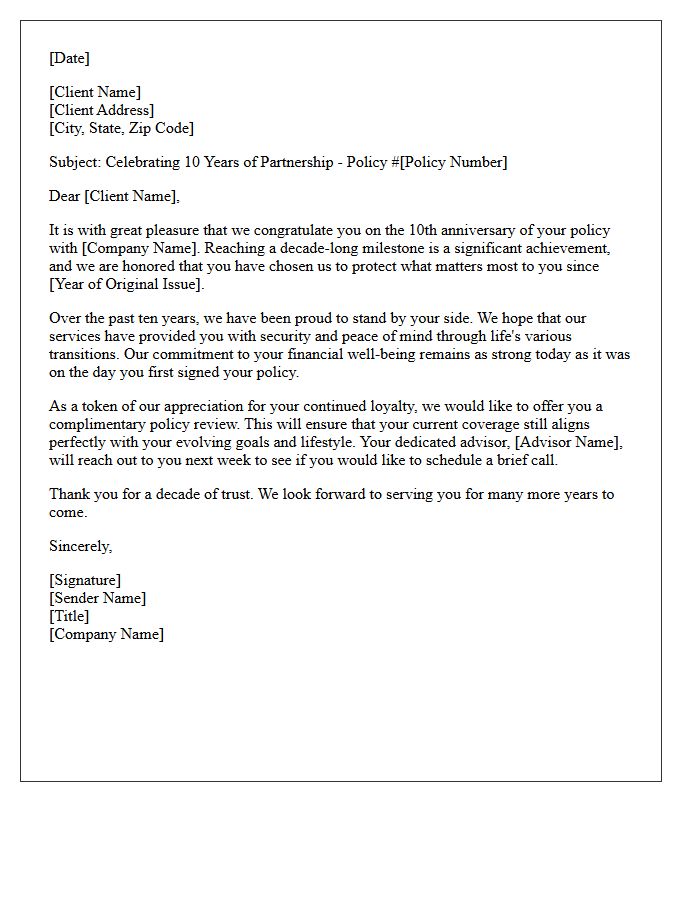 Decade Milestone Policy Anniversary Celebration Letter