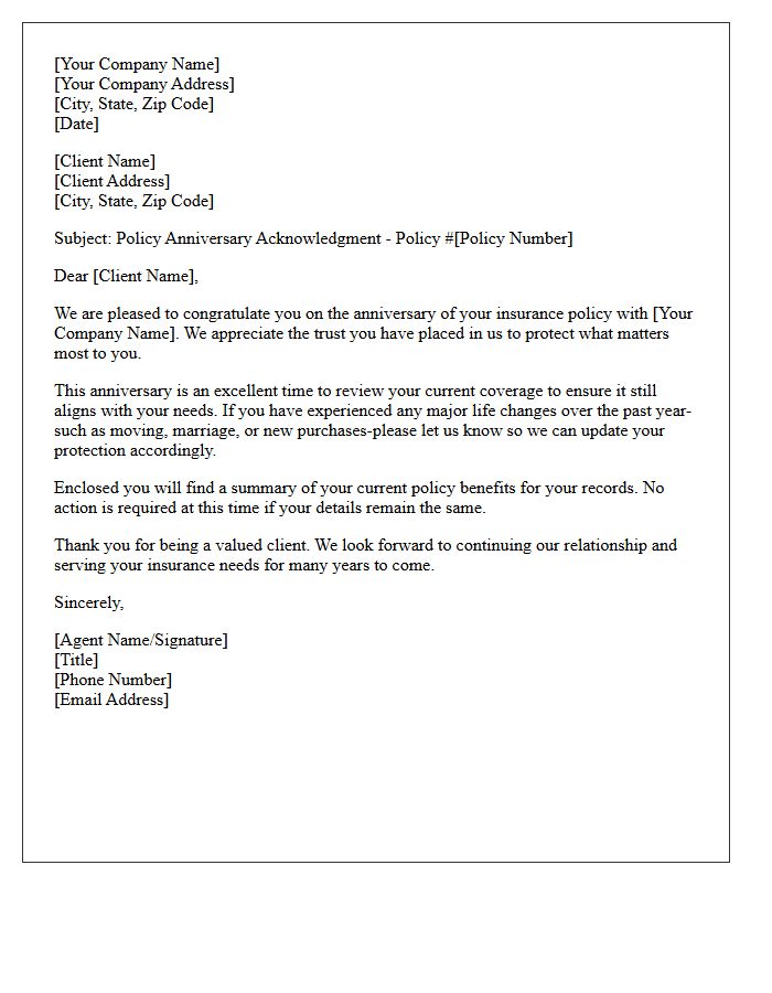Valued Client Policy Anniversary Acknowledgment Letter