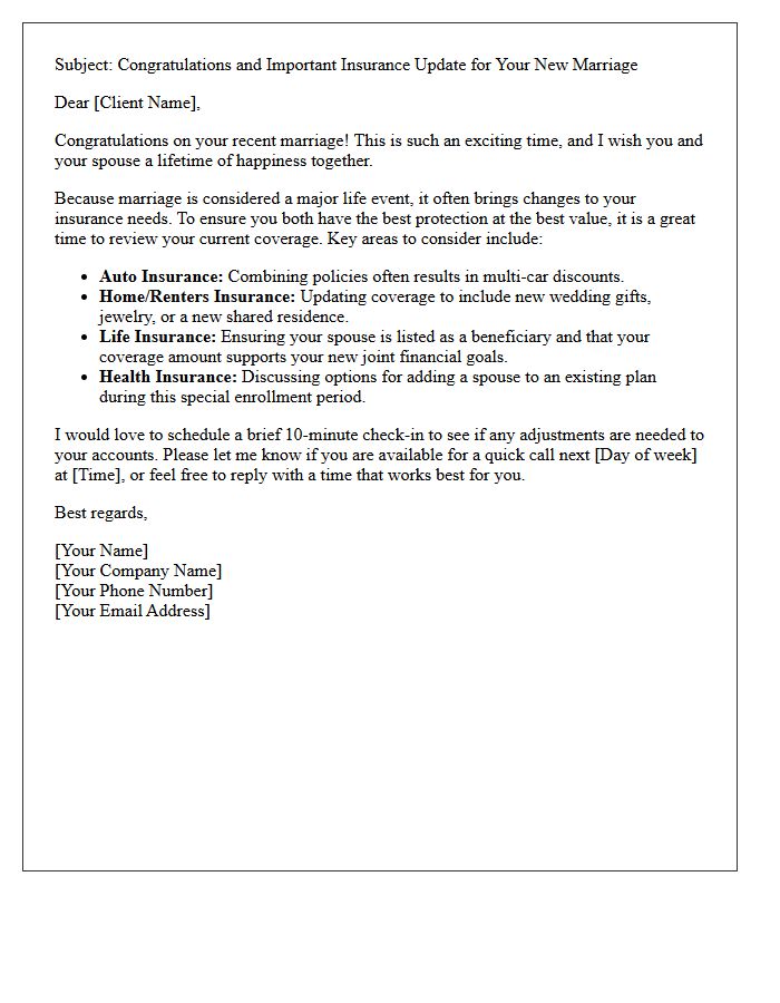 Newlywed Marriage Life Change and Insurance Check-In Letter