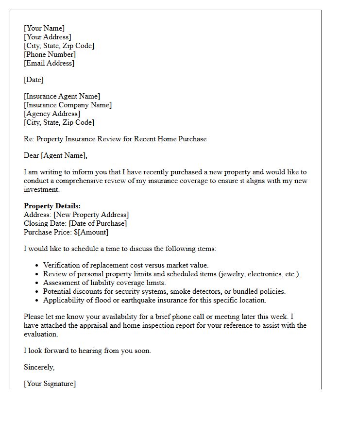 Recent Home Purchase and Property Insurance Review Letter