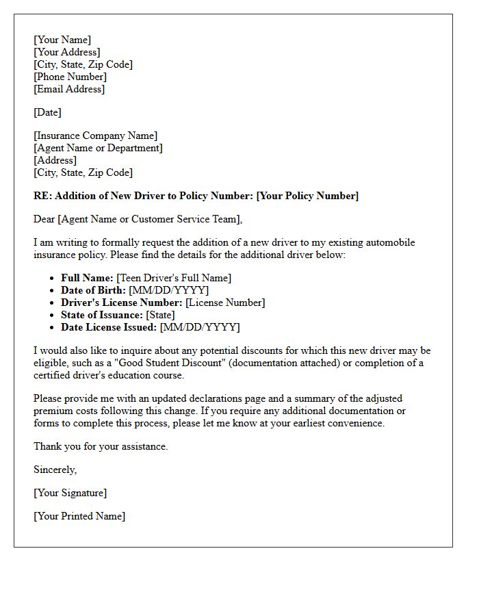 Teen Driver Addition and Auto Insurance Adjustment Letter