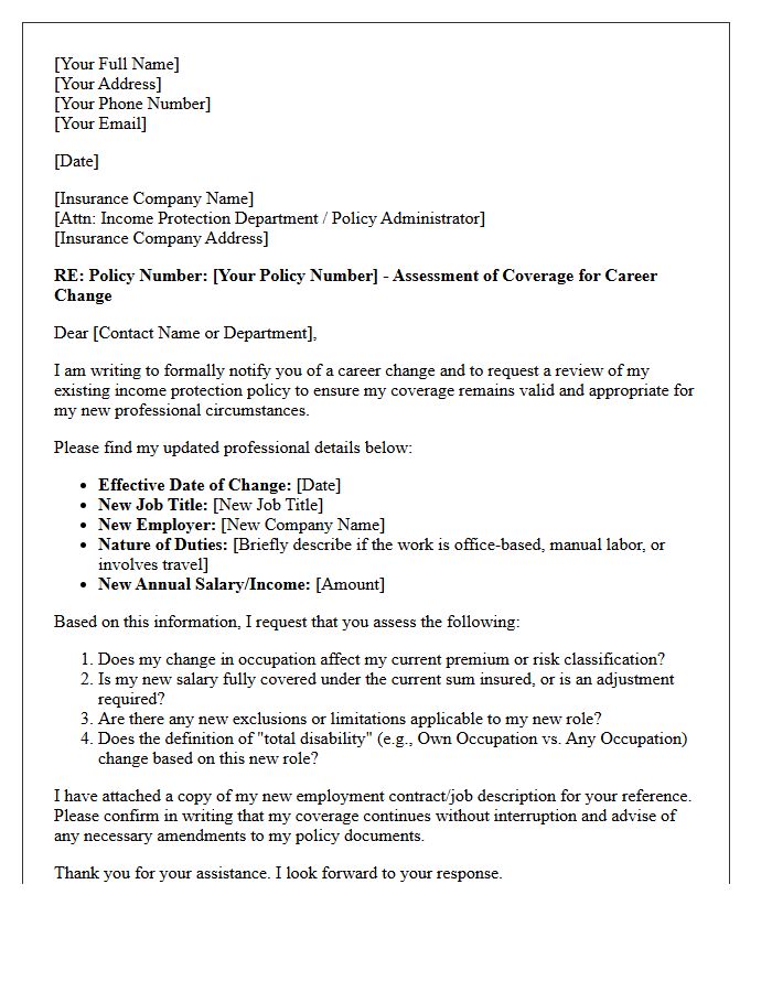 Career Change and Income Protection Assessment Letter