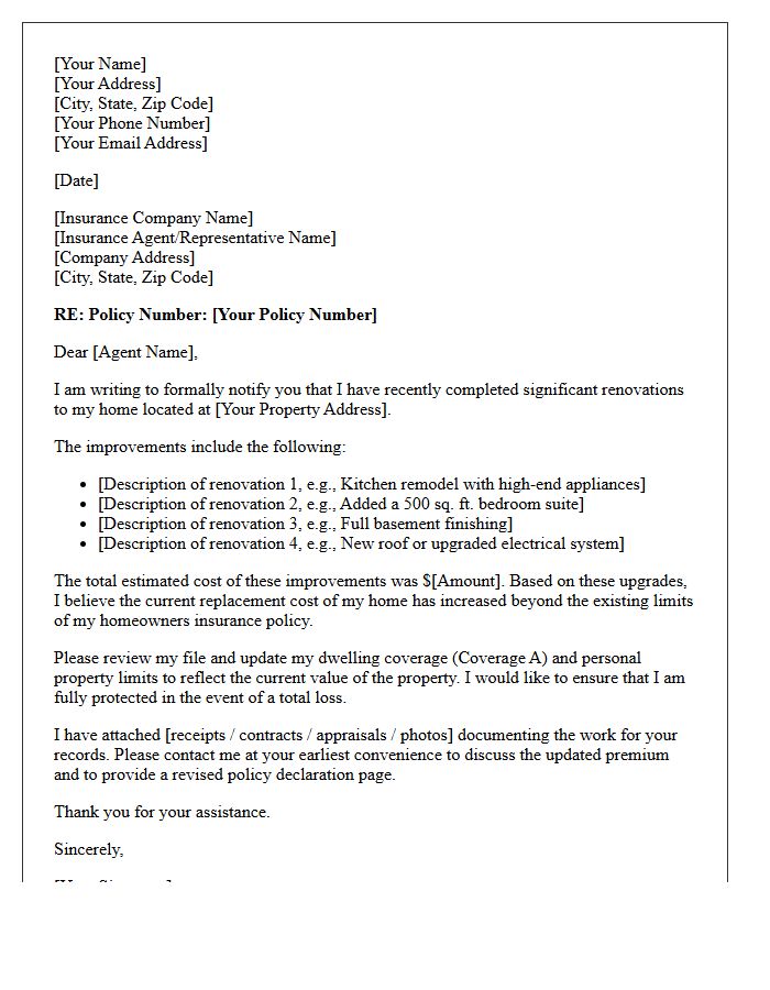 Home Renovation and Policy Limit Update Letter