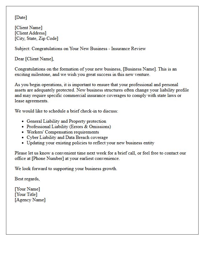 New Business Formation and Commercial Insurance Check-In Letter
