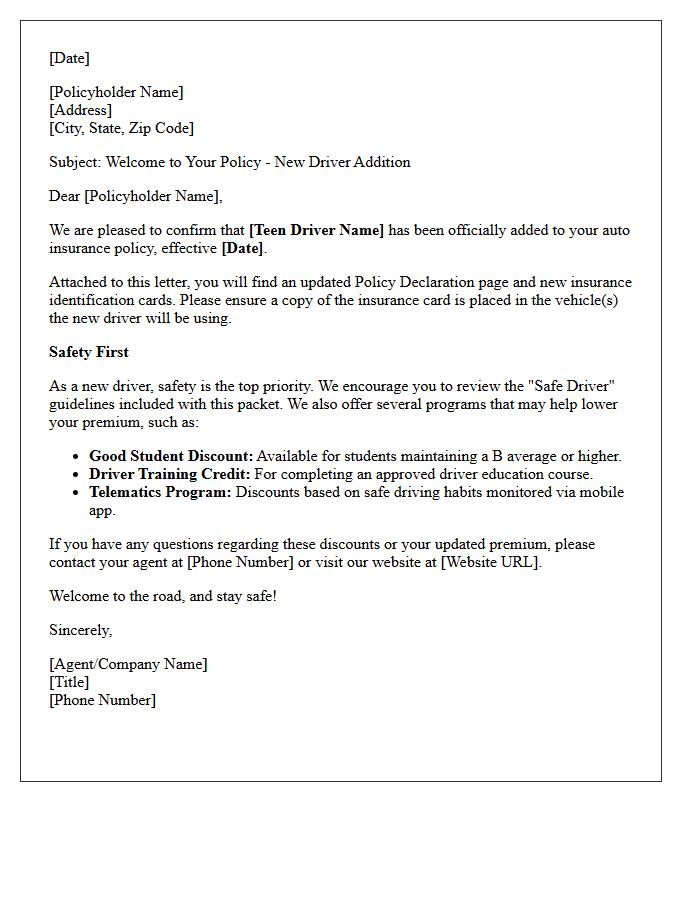 Welcome Letter for New Teen Driver Addition