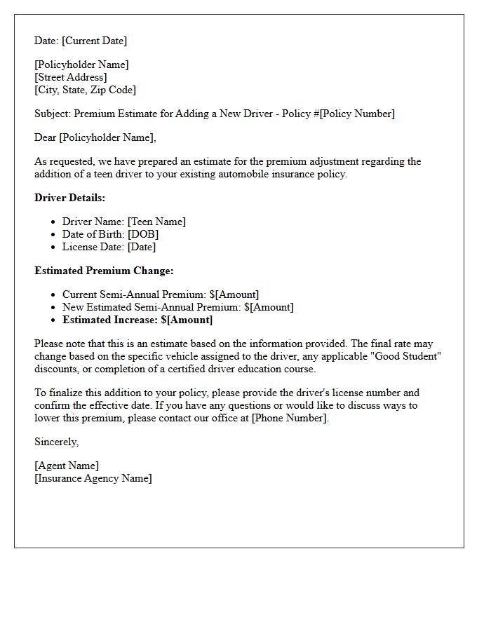 Teen Driver Addition Premium Estimate Letter