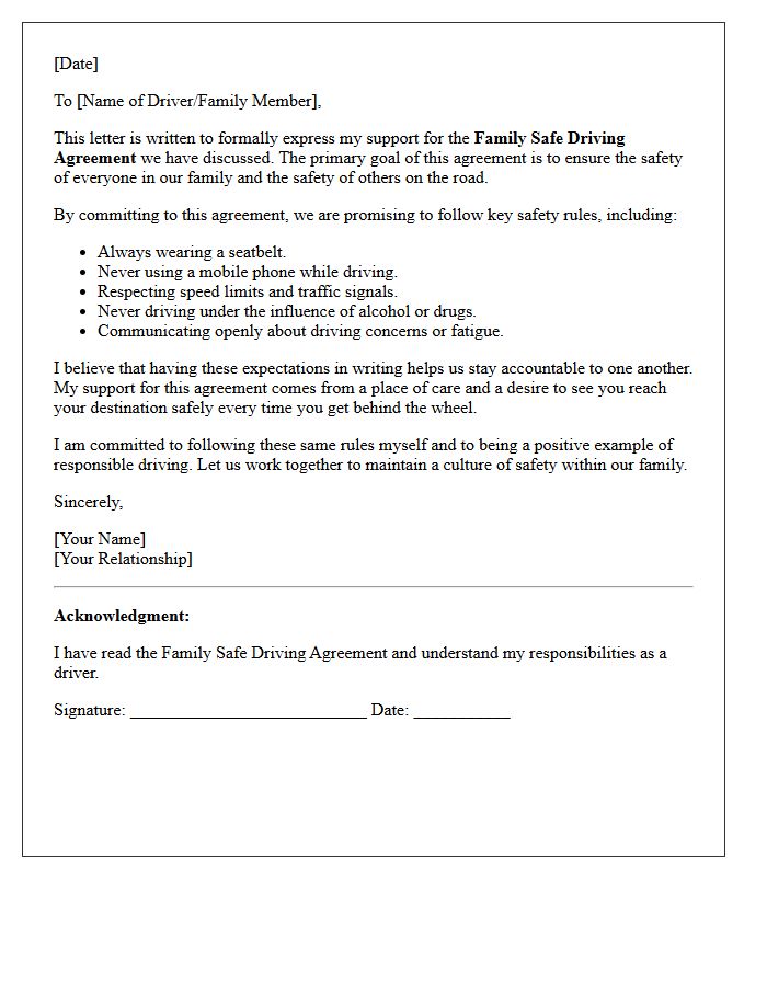 Family Safe Driving Agreement Support Letter