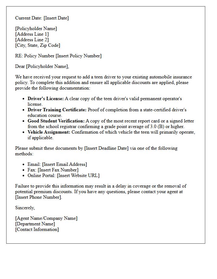 Required Documentation for Teen Driver Addition Letter