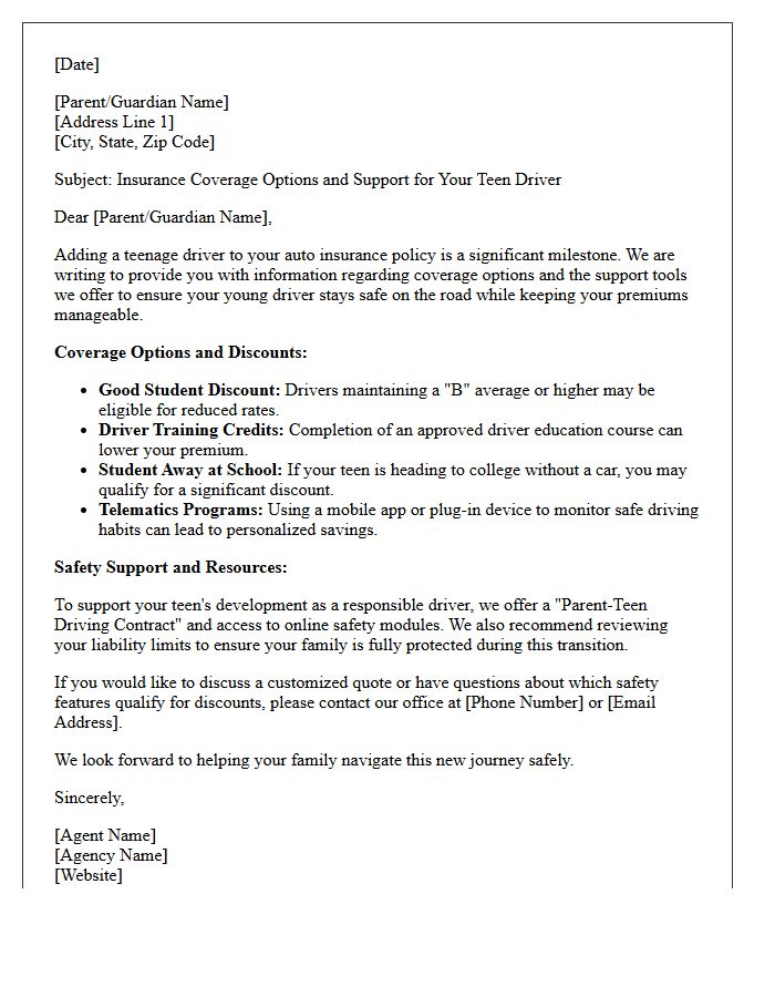 Teen Driver Coverage Options and Support Letter