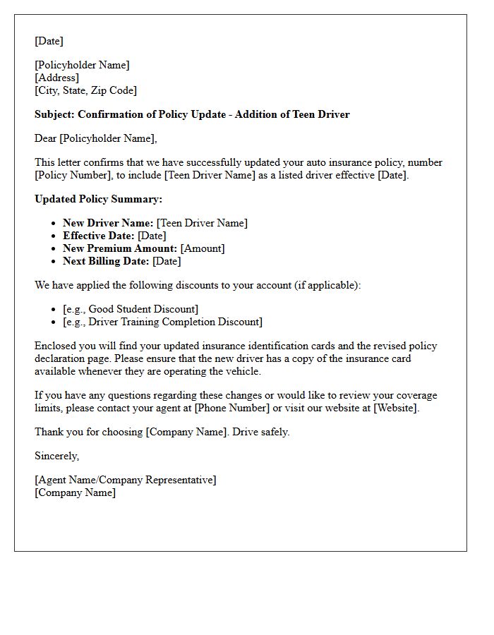 Teen Driver Policy Update Confirmation Letter