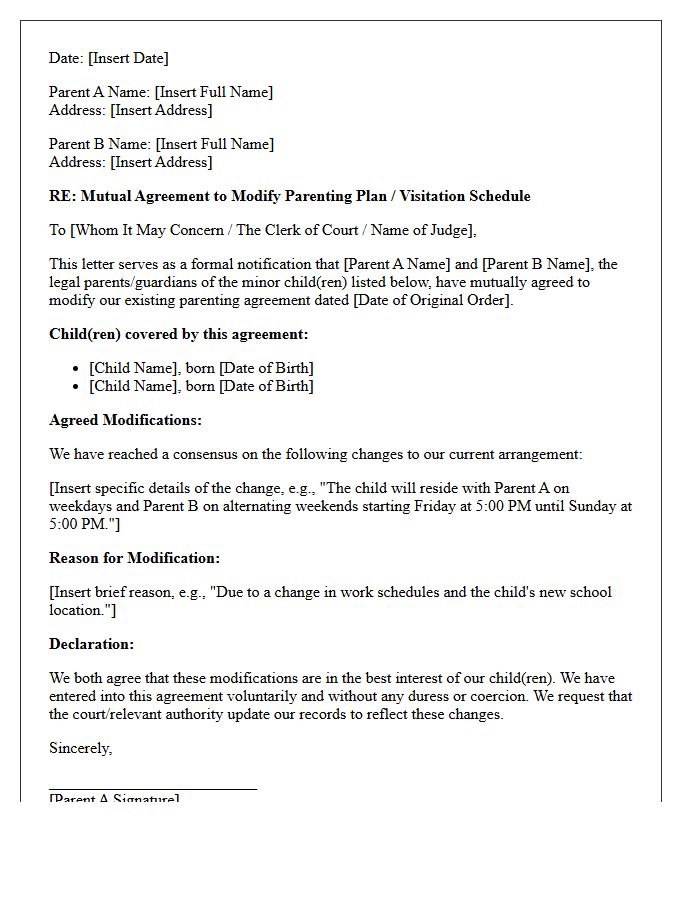 Co-Parenting Modification Mutual Settlement Letter