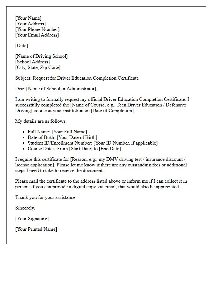 Driver Education Completion Certificate Request Letter