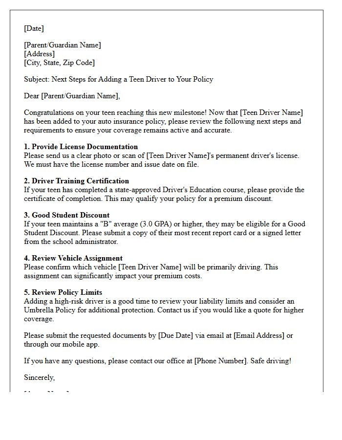 Teen Driver Addition Next Steps Letter