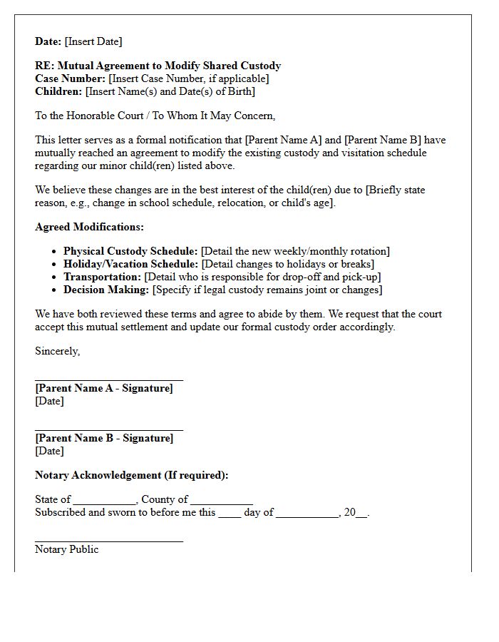 Shared Custody Modification Mutual Settlement Letter