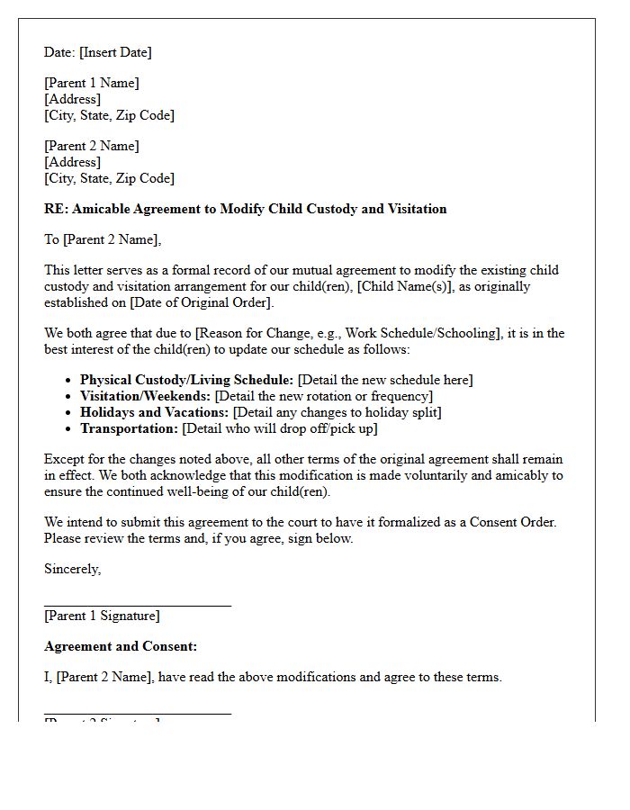 Amicable Child Custody Modification Settlement Letter