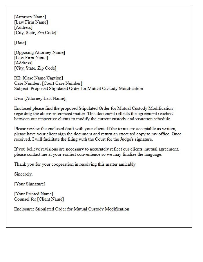 Counsel Transmittal Letter For Mutual Custody Modification