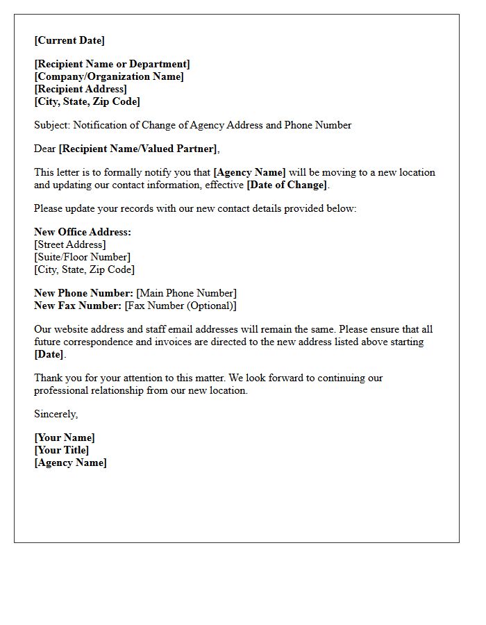 Letter of Notification for Agency Phone and Address Change