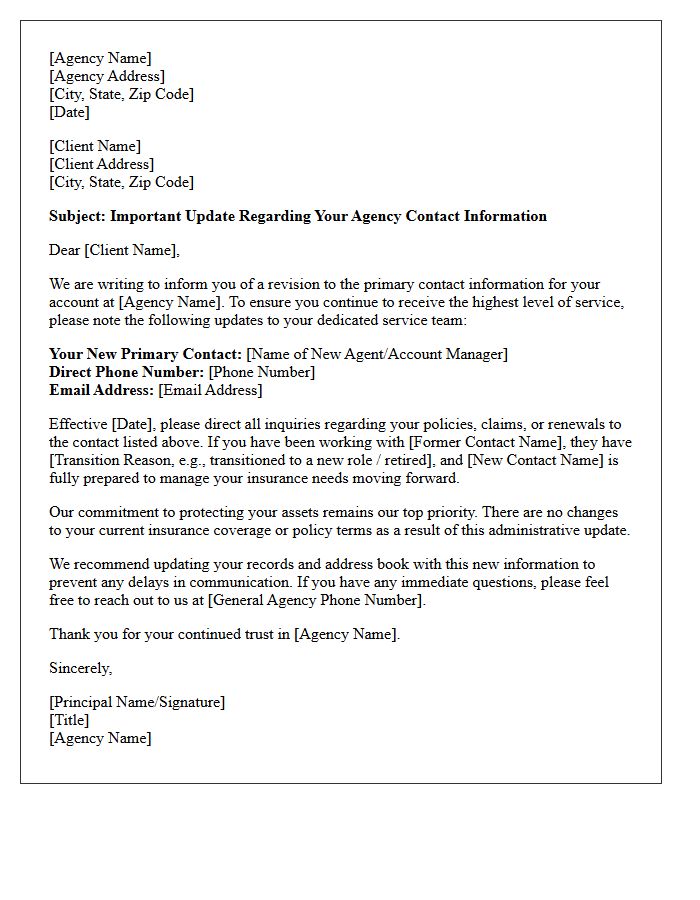 Client Advisory Letter on Insurance Agency Contact Revisions