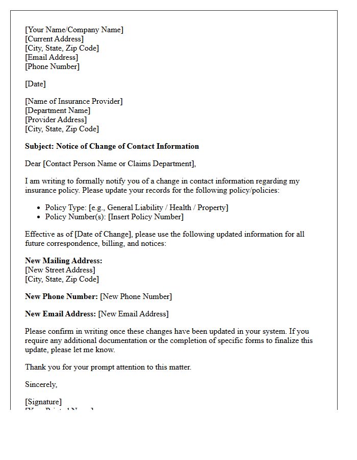 Formal Letter of Contact Information Change for Insurance Partners