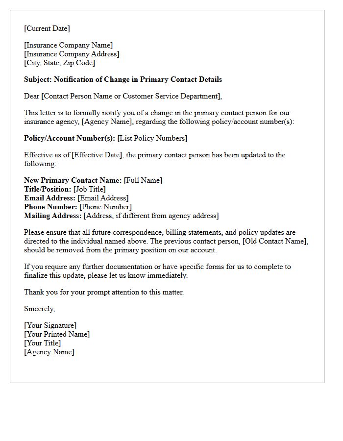 Letter of Change in Insurance Agency Primary Contact Details