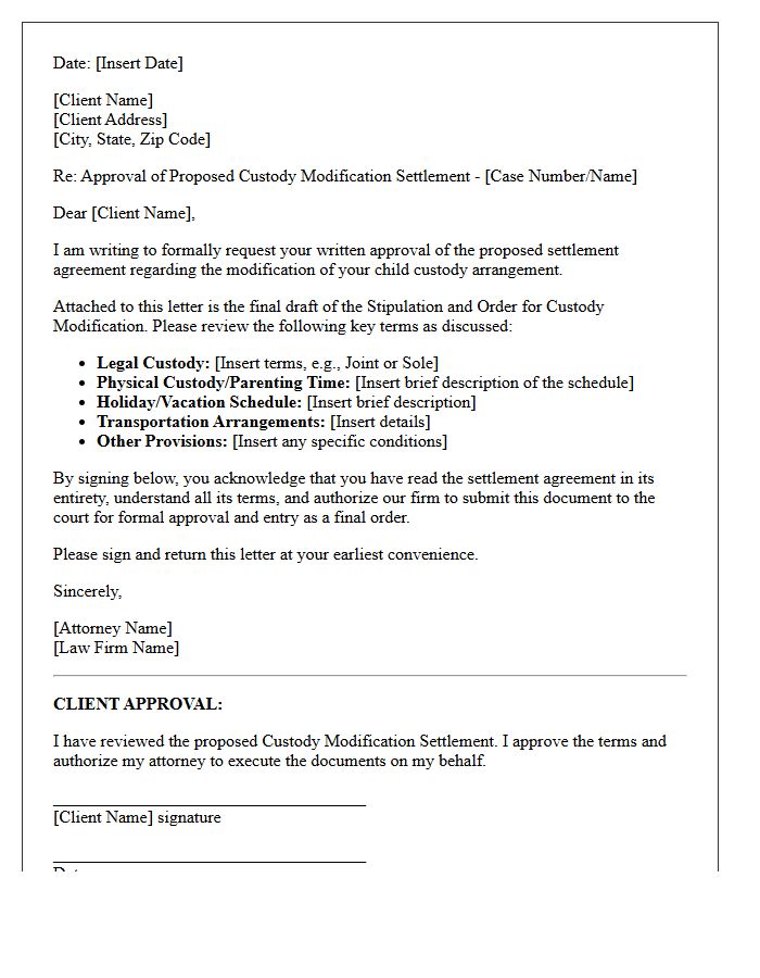 Client Approval Letter For Custody Modification Settlement
