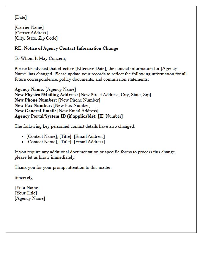 Carrier Notification Letter for Agency Contact Information Change