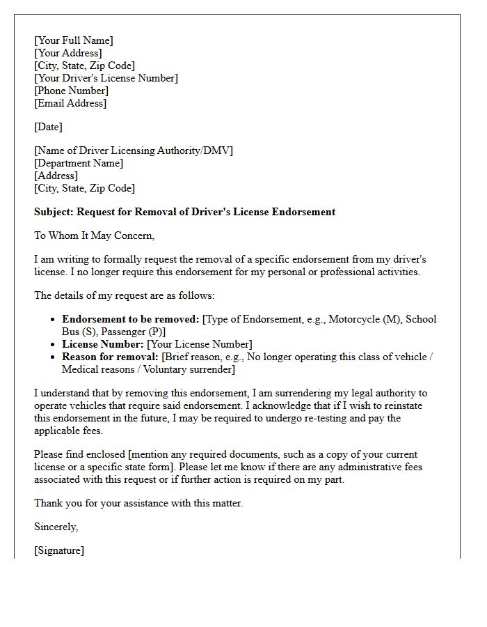Standard Removal of Driver Endorsement Request Letter