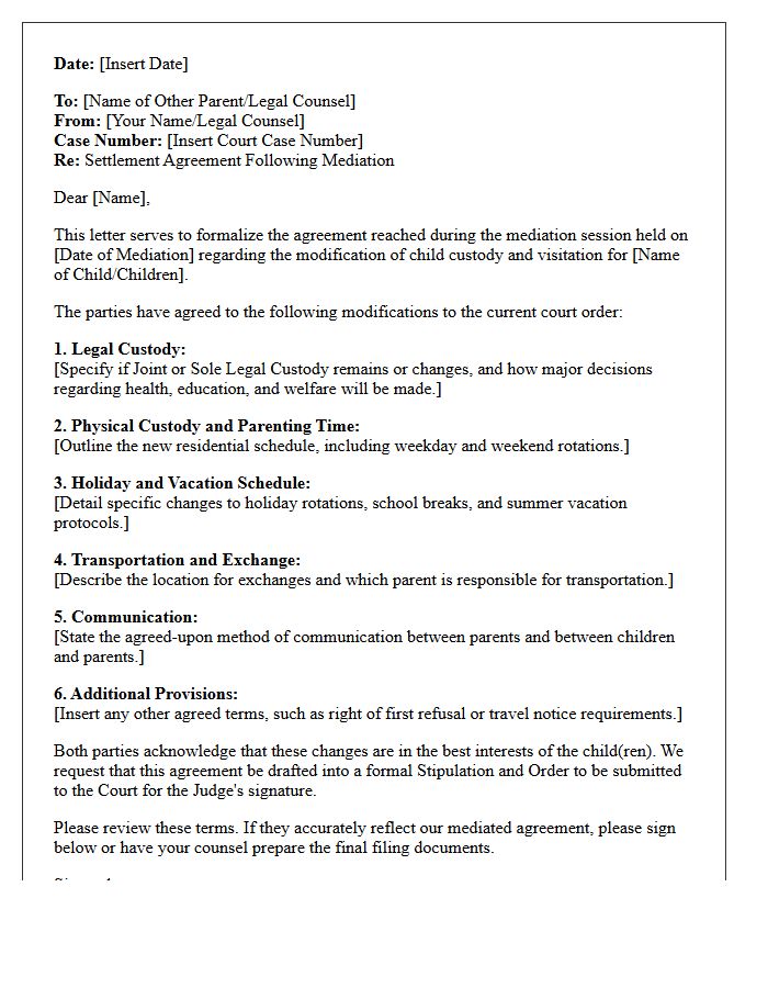 Mediated Child Custody Modification Settlement Letter