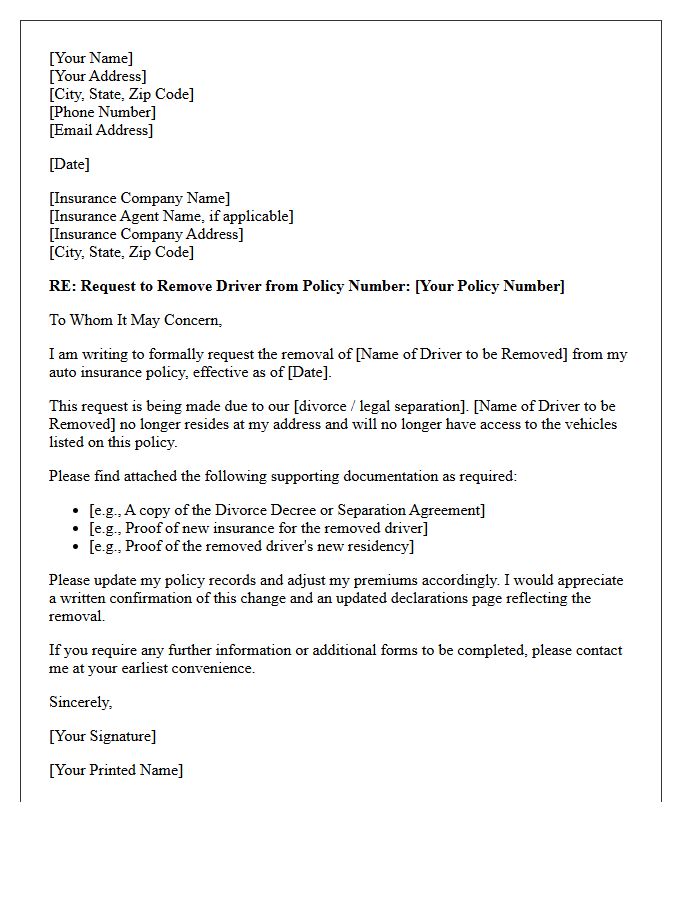 Divorce or Separation Driver Removal Endorsement Letter