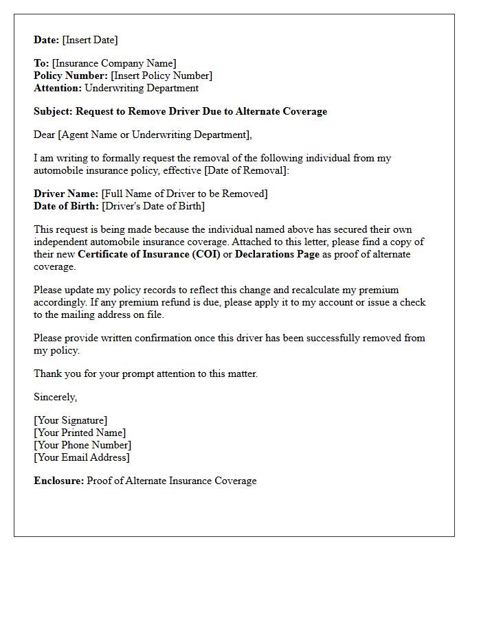 Alternate Coverage Secured Driver Removal Request Letter