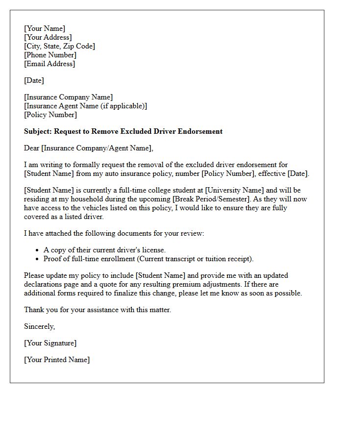 College Student Exclusion Driver Removal Endorsement Letter