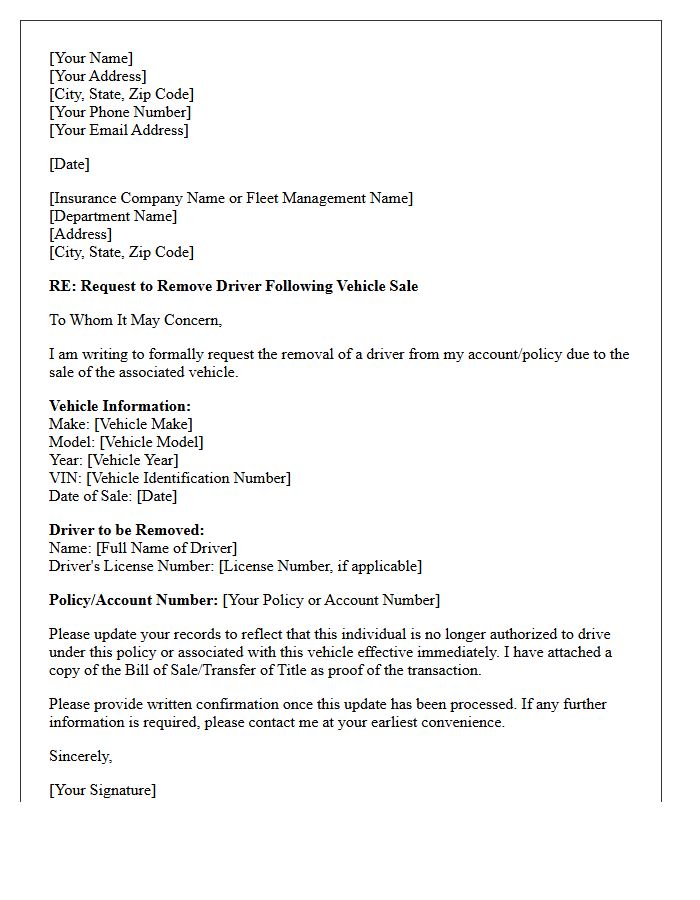 Vehicle Sale Associated Driver Removal Request Letter