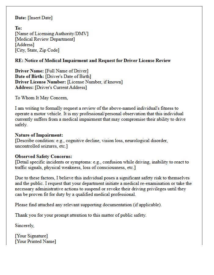 Medical Impairment Driver Removal Request Letter
