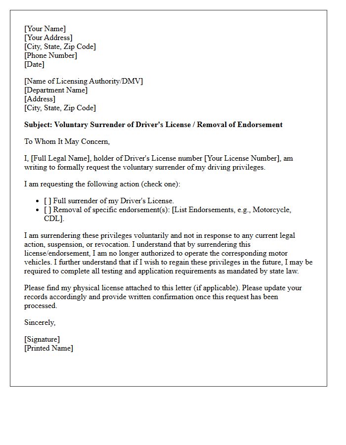 Voluntary License Surrender Driver Removal Endorsement Letter