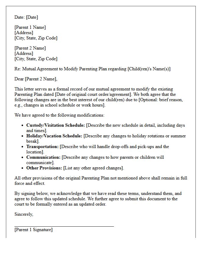 Parenting Plan Modification Mutual Settlement Letter