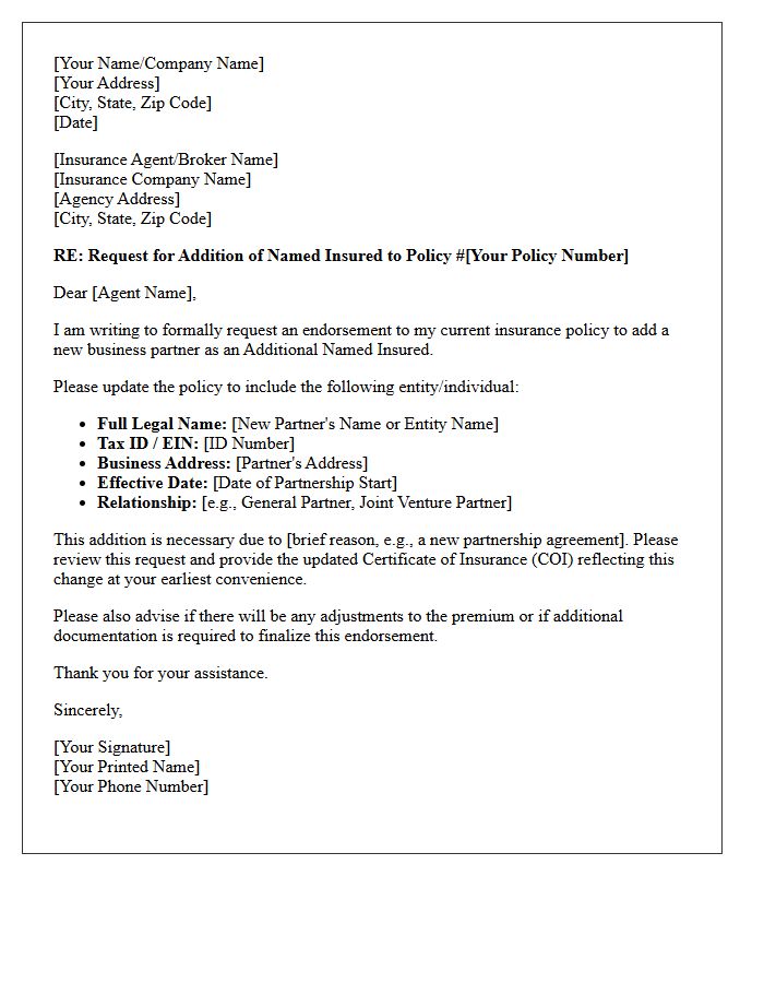 Addition Of Named Insured Endorsement Letter For New Business Partner