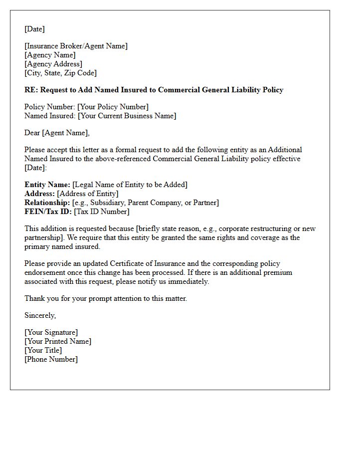 Commercial General Liability Addition Of Named Insured Endorsement Letter