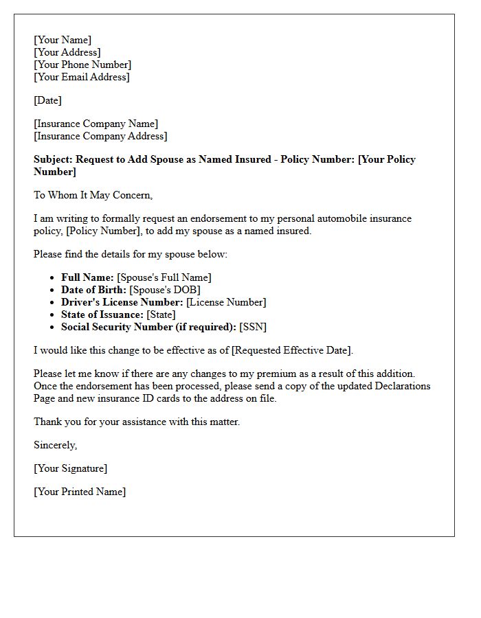 Personal Auto Addition Of Named Insured Endorsement Letter For Spouse