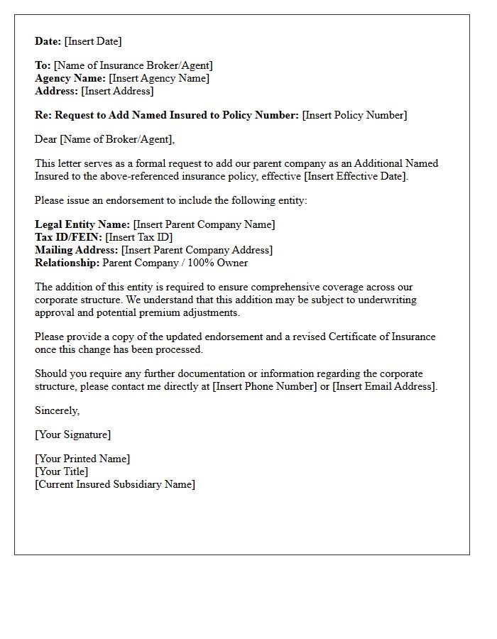 Addition Of Named Insured Endorsement Letter For Corporate Parent Company