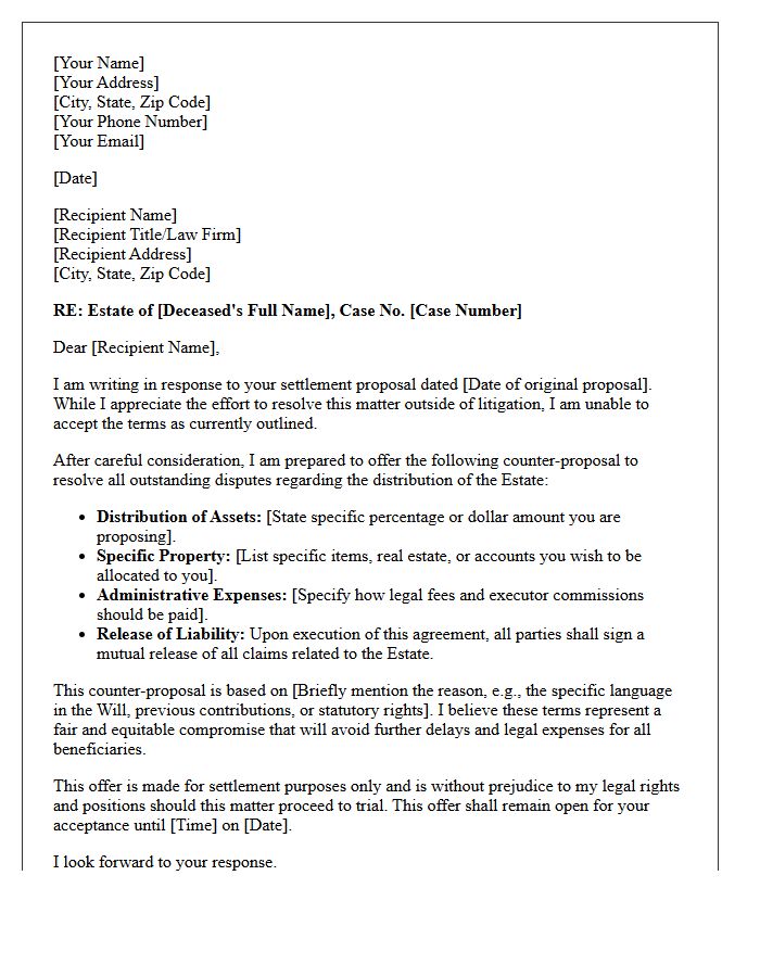 Counter-Proposal Letter for Contested Probate Settlement