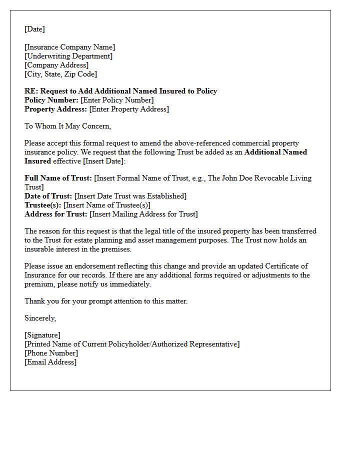 Commercial Property Addition Of Named Insured Endorsement Letter For Trust