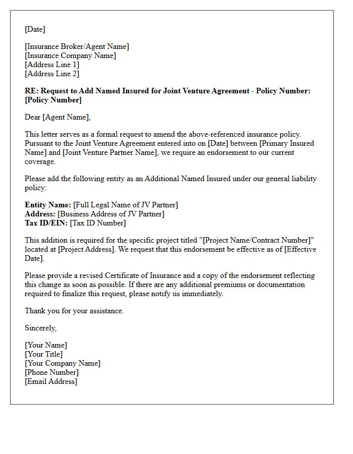Addition Of Named Insured Endorsement Letter For Joint Venture Agreement