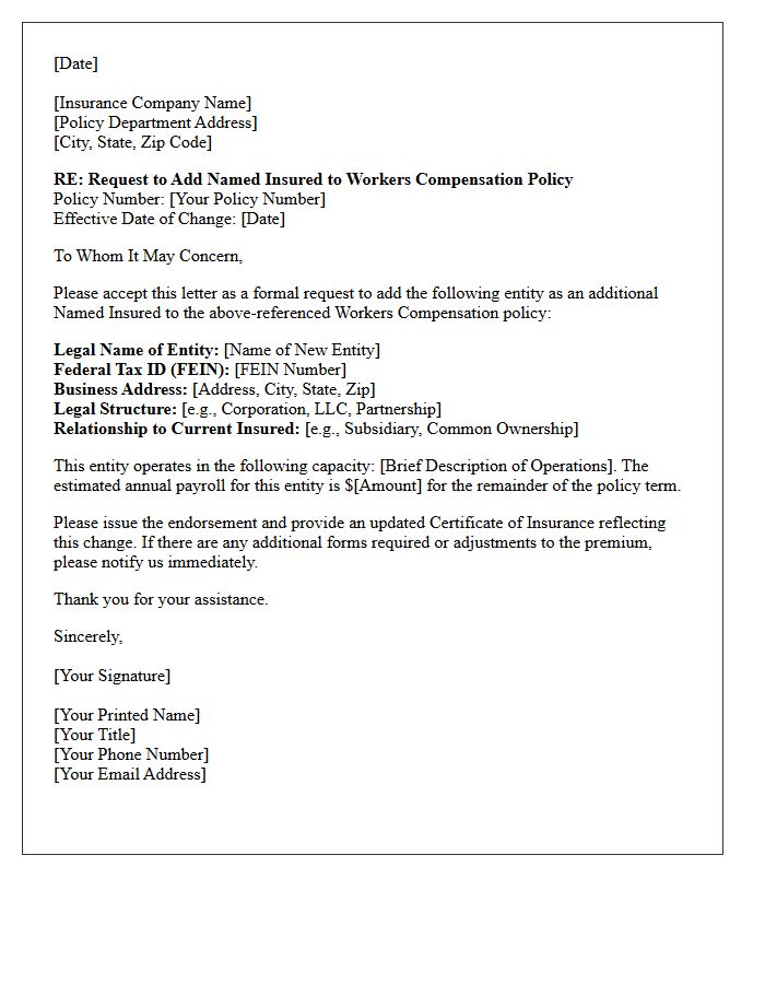 Workers Compensation Addition Of Named Insured Endorsement Letter