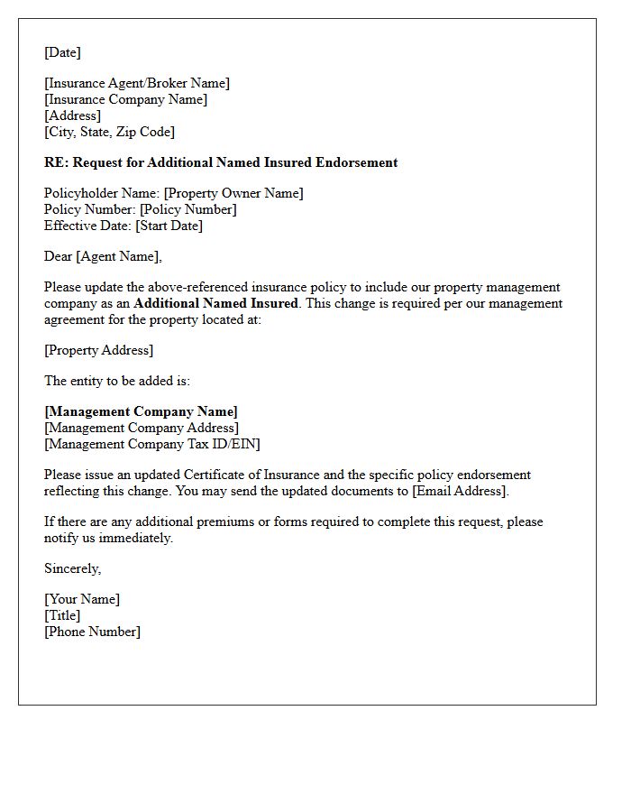 Addition Of Named Insured Endorsement Letter For Property Management Company