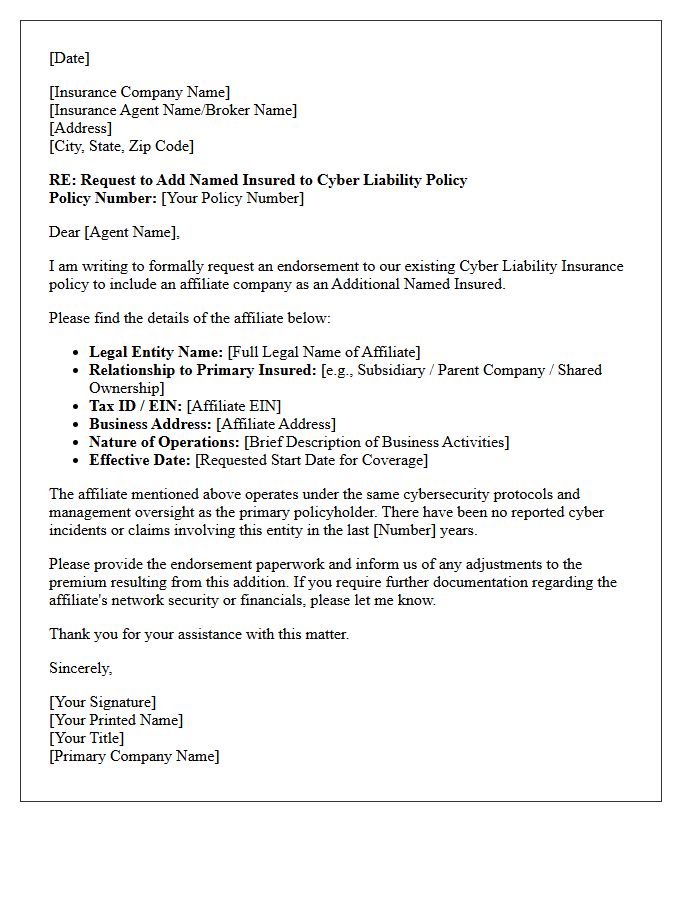Cyber Liability Addition Of Named Insured Endorsement Letter For Affiliate