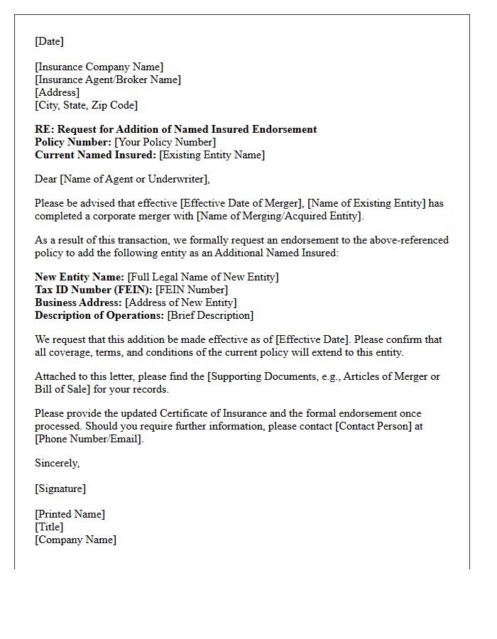 Addition Of Named Insured Endorsement Letter For Merged Corporate Entity
