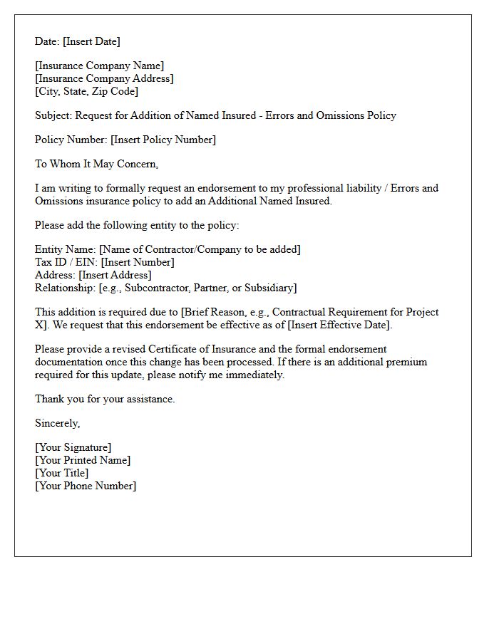 Errors And Omissions Addition Of Named Insured Endorsement Letter For Contractor